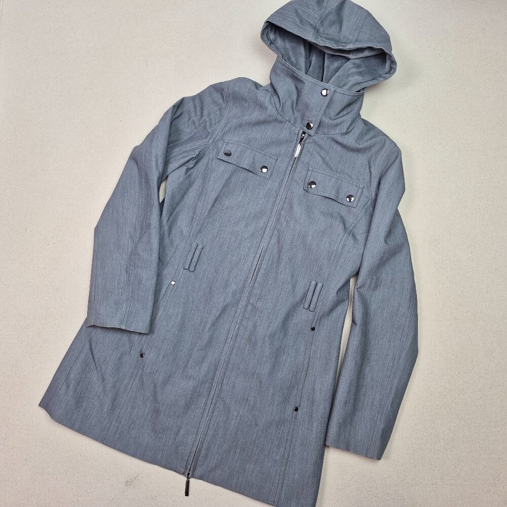 Kristen Blake Metro Womens Waterproof Removeable Hooded Gray Long Rain Coat Sz M